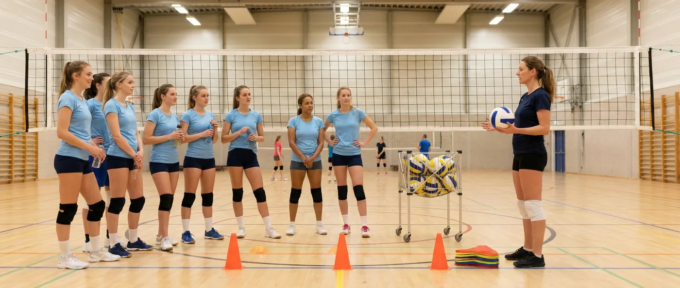 Een training in de sporthal: het damesteam luistert naar de trainster met de bal in haar hand, met de ballenkar en de pionnen op het veld