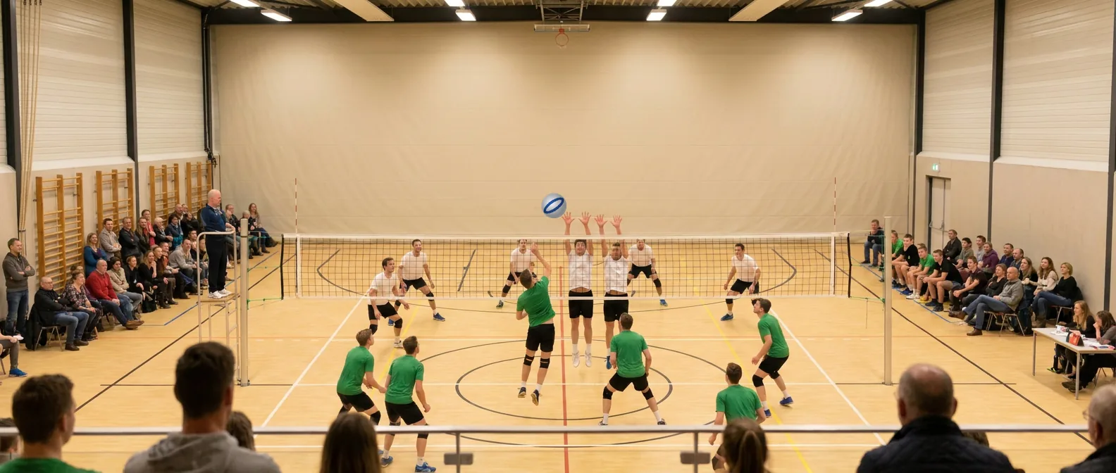 Een competitiewedstrijd in de sporthal, gezien vanaf de tribune: een aanvaller in het groen springt naar de bal, twee blokkeerders in het wit staan klaar aan de overkant