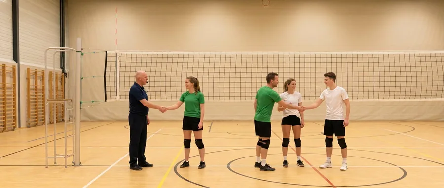 Spelers en de scheidsrechter geven elkaar na de wedstrijd een hand bij het net