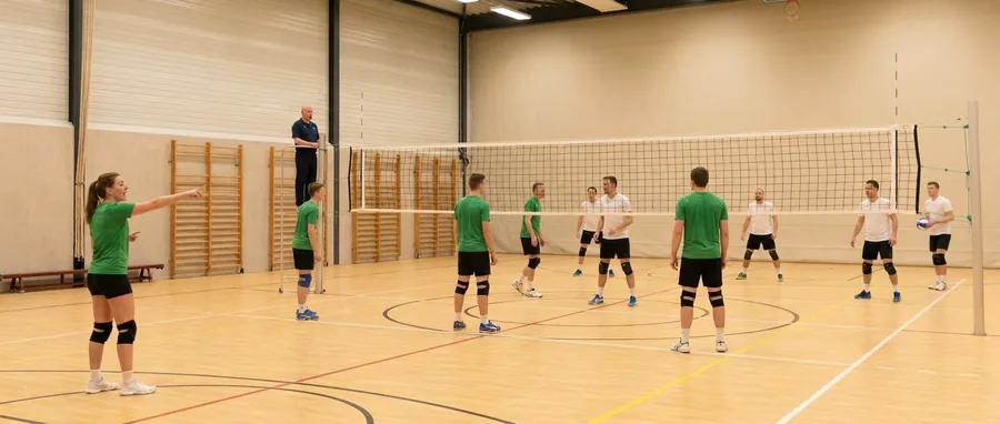 Overzicht van het veld vanaf de achterlijn met beide teams opgesteld; op de voorgrond wijst een speelster met gestrekte arm een medespeler naar haar plek