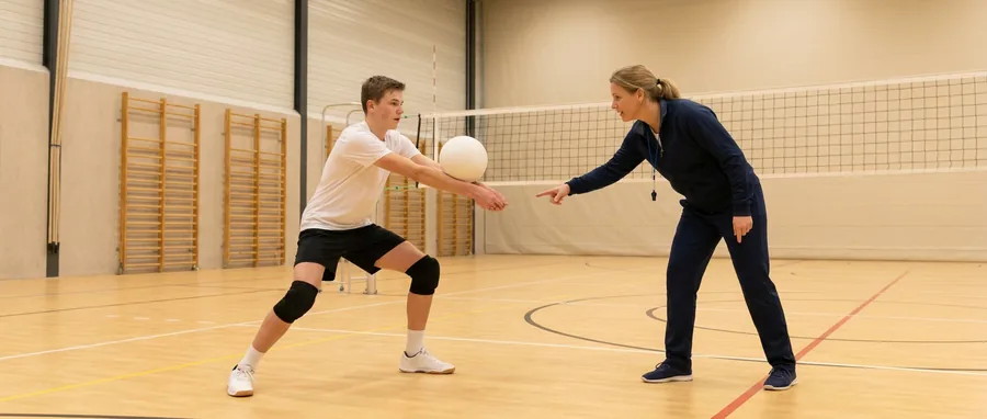 Een jonge speler staat in de houding van de onderarmse pass met de bal op de onderarmen, de trainster wijst naar de armen