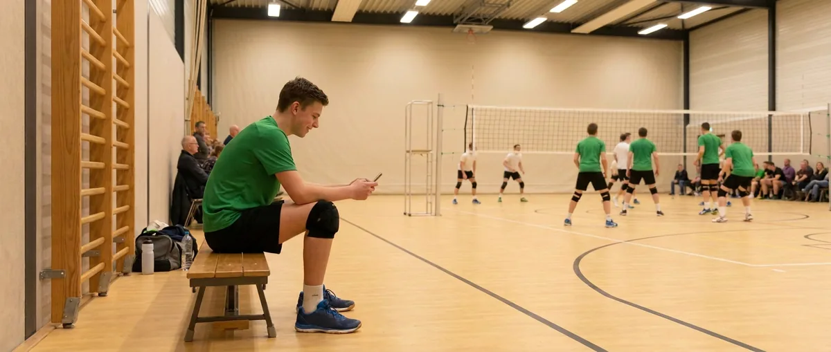 Een jonge speler zit op een bankje langs de zaal en leest iets op een telefoon, de sporttas naast de bank