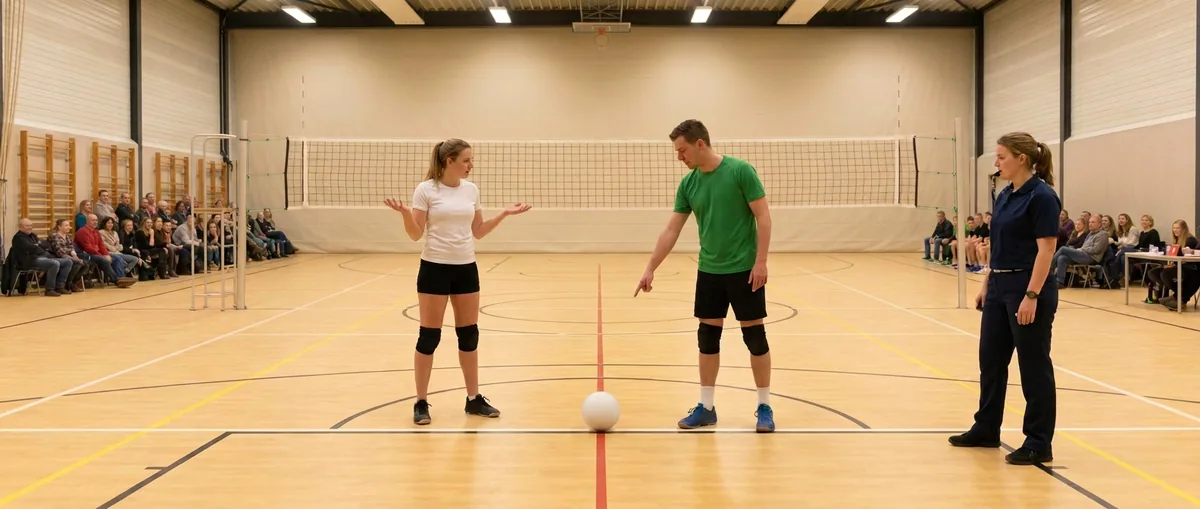 De bal ligt stil op de zijlijn; een speelster in het wit vraagt met open handen aan de scheidsrechter of hij in was, een speler in het groen wijst naar de lijn