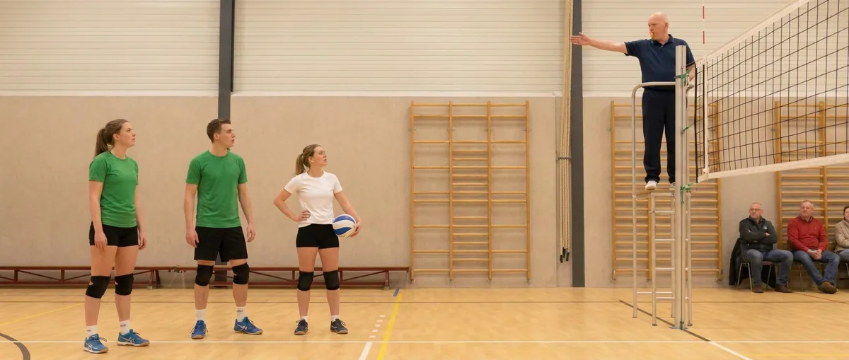 De eerste scheidsrechter op zijn stoel geeft met een gestrekte arm aan welk team mag serveren; drie spelers kijken naar hem op