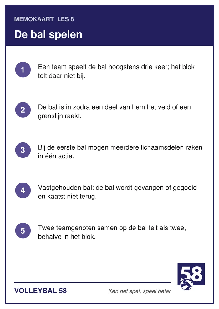Memokaart van les 8 met de vijf punten over het spelen van de bal
