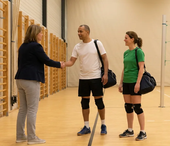Een bestuurslid geeft bij de wandrekken een hand aan twee leden die net met hun sporttas zijn aangekomen